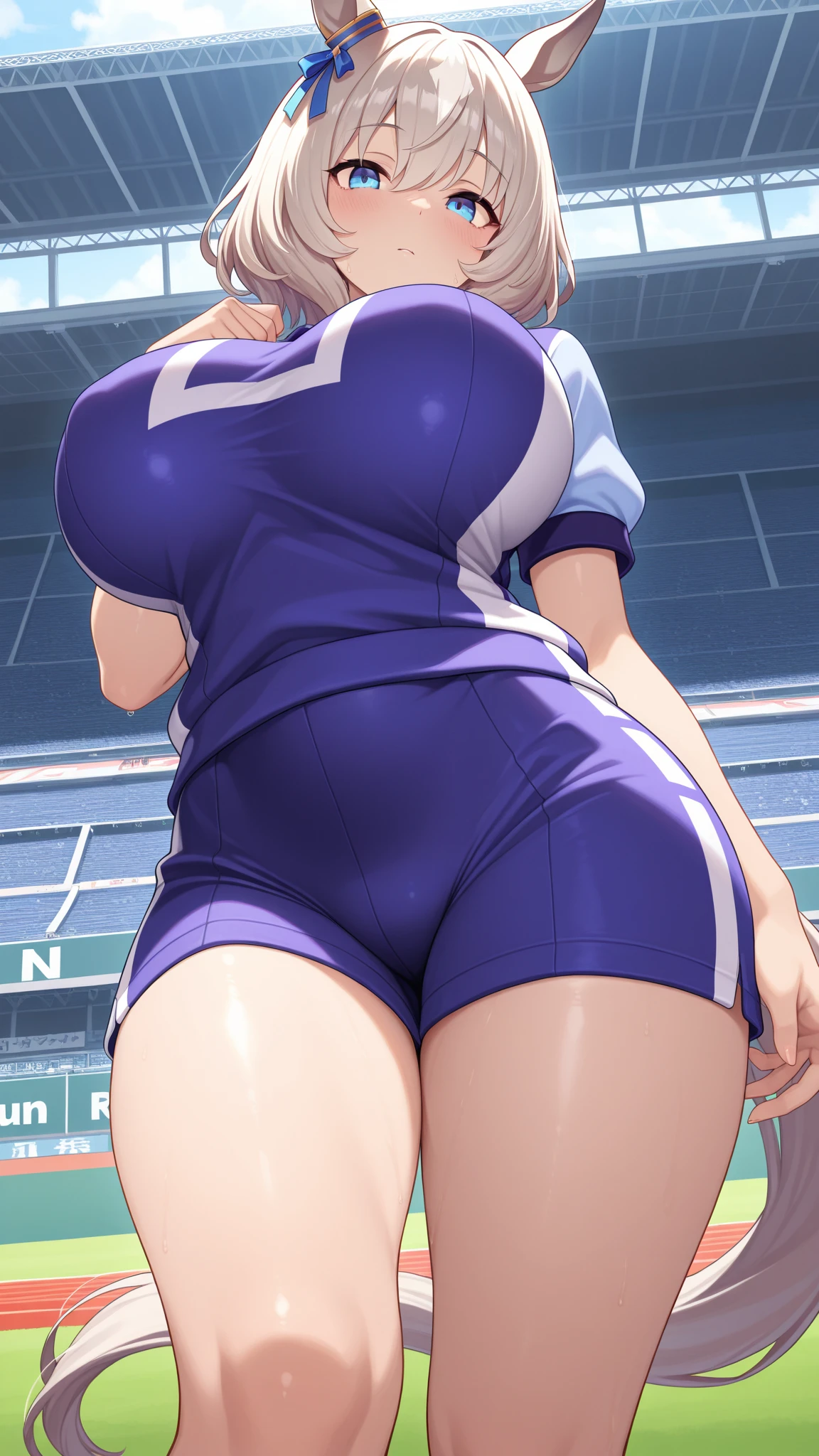 nsfw:1.2,expensivequality illustration, masterpiece, Very delicate and beautiful, Attractive girl,(Gymnastics leotard,Tight leotard,length_Leotard with sleeves,expensive_Leg leotard,athletic leotard),Purple ears,Short here, Audience reaction,thin,Huge Breasts:1.2,expensive school,Gym,Gymnastics Club,(Long nipples:1.2)、((There is a stain in the crotch area:1.5))、cameltoe、(Crouch:1.2、Squat)、(Overflowing Sex Fluids:1.1)、Facing forward