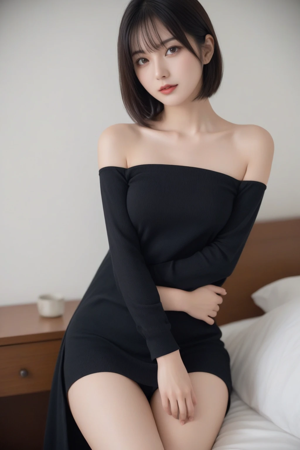 1 girl、A cute girl with straight black hair is staring at me、Smile、Idol level cuteness、slender、small breasts、healthy thighs、Kneeling、A fitted off-the-shoulder knit dress、lace panties、On the carpet、anatomically correct、precise fingers、exact limbasterpiece、