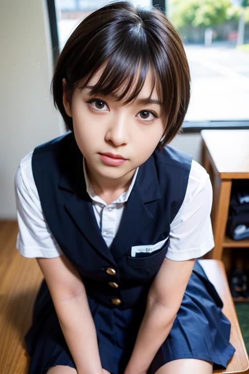 (Highest quality、Highest quality、Masterpiece、Everything is beautifully detailed、Real Stick:1.4)、(photo shoot、:1.4)、((Shooting with a camera from above、Respect、Looking into the camera、Camera view from above、Take a photo from above))、Beautiful detailed girl、Very detailed目と顔、Beautiful and fine details、Ridiculous、信じられないほどRidiculous、Ultra-detailed、High resolution、Very detailed、Highest quality、 Masseter muscle area、((Japanese high school girls uniform))、Very detailed、grow、In detail、Masseter muscle area、、Highest quality、Light on the face、Light、18 year old girl、((Dynamic Pose)))、(Camel Toe)、(pantyhose)、(Sit with your knees bent))、short hair、short hair、Long neck、Listen carefully、Bans、big eye、Eyelashes、cute、とてもcute、{huge|big|hugeな|Mega} chest, chestの谷間