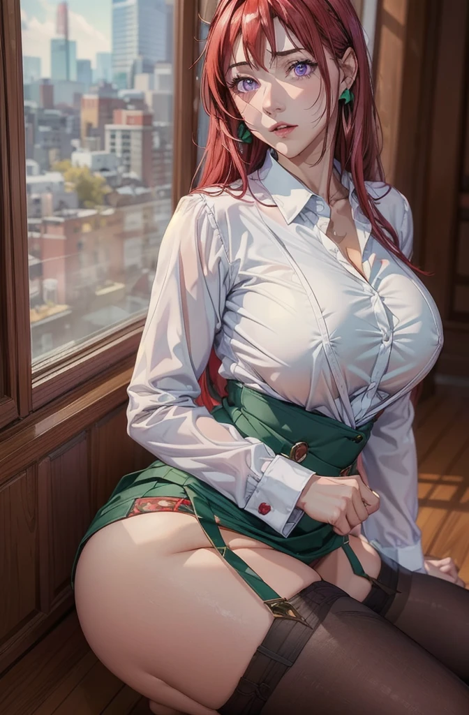 masterpiece, 4k, 1woman, mature woman, detailed eyes, detailed lips, panty pull, pulling down her laced purple panties, undressing, view from below, takashirohiroko, red hair, white blouse, yellow bow tie, short red skirt, skirtlift, black thigh highs, garters, round green earrings, purple eyes, cleavage, nsfw, ((hand in panties)), fingering self, ((facial expression : having orgasm, blushing, sweating)), vaginal fluids flowing