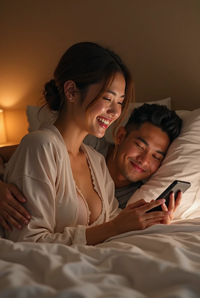 A realistic photo of three Thai siblings. (2 men, 1 woman) A sexy black-haired young woman in a white lace bra is taking a selfie and is clearly seen with her husband and lover., The three of them were excited about the situation and enjoyed the teasing., Another man sitting on the bed, hugging and passionately kissing her. She looked very excited and her breasts were showing..,