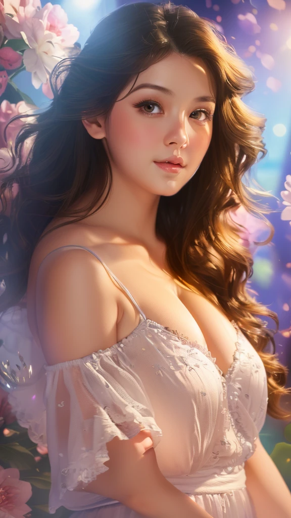 (A hyper-realistic), (illustratio), (hight resolution), (8K), (ighly detailed), (The best illustrations), (beatiful detailed eyes), (top-quality), (ultra-detailliert), (​masterpiece), (wall-paper), (Detailed face), Length,full of sweat,Upper body close-up,Armpit,Long,Brown hair,Solo,Simple white dress girl, japanes, Colossal tits、Smile, moon light, Beach at night
