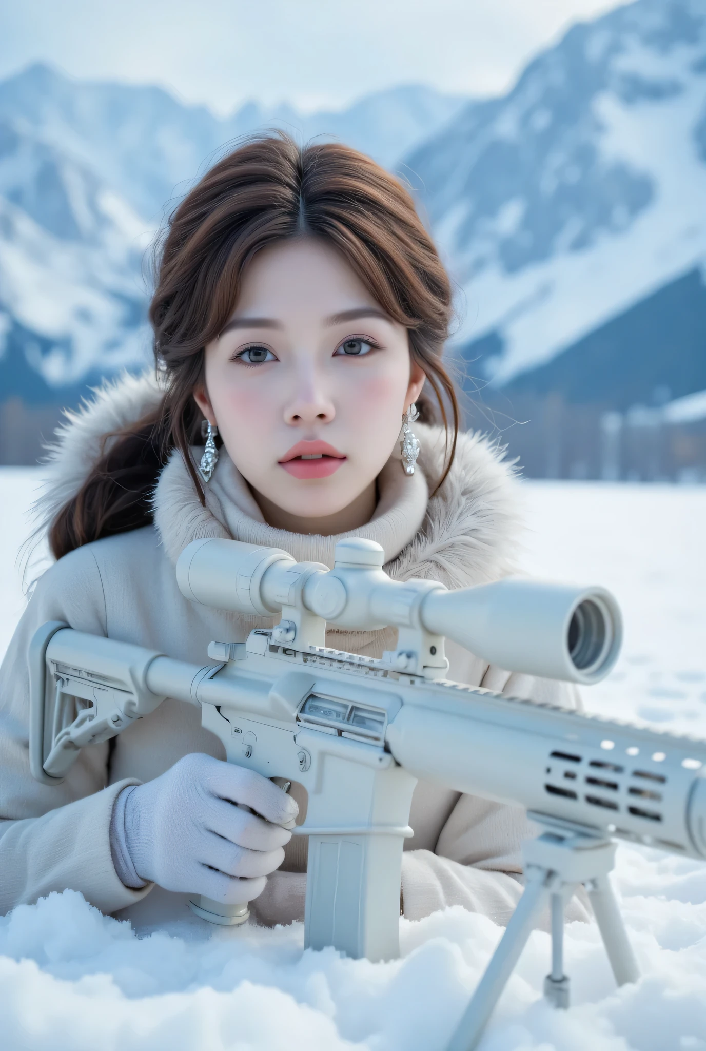 (perfect figure, delicate face, best quality: 1.2), Korean beauty model, high ponytail, showing personality and facial lines, chestnut hair, strong movie lighting effects, diamond earrings, wearing a full set of white tactical equipment, looking at the audience, holding a white automatic rifle with a scope, lying on the snow, snowy mountain background: 1.4), gun foreground, depth of field blur, showing firmness and alertness