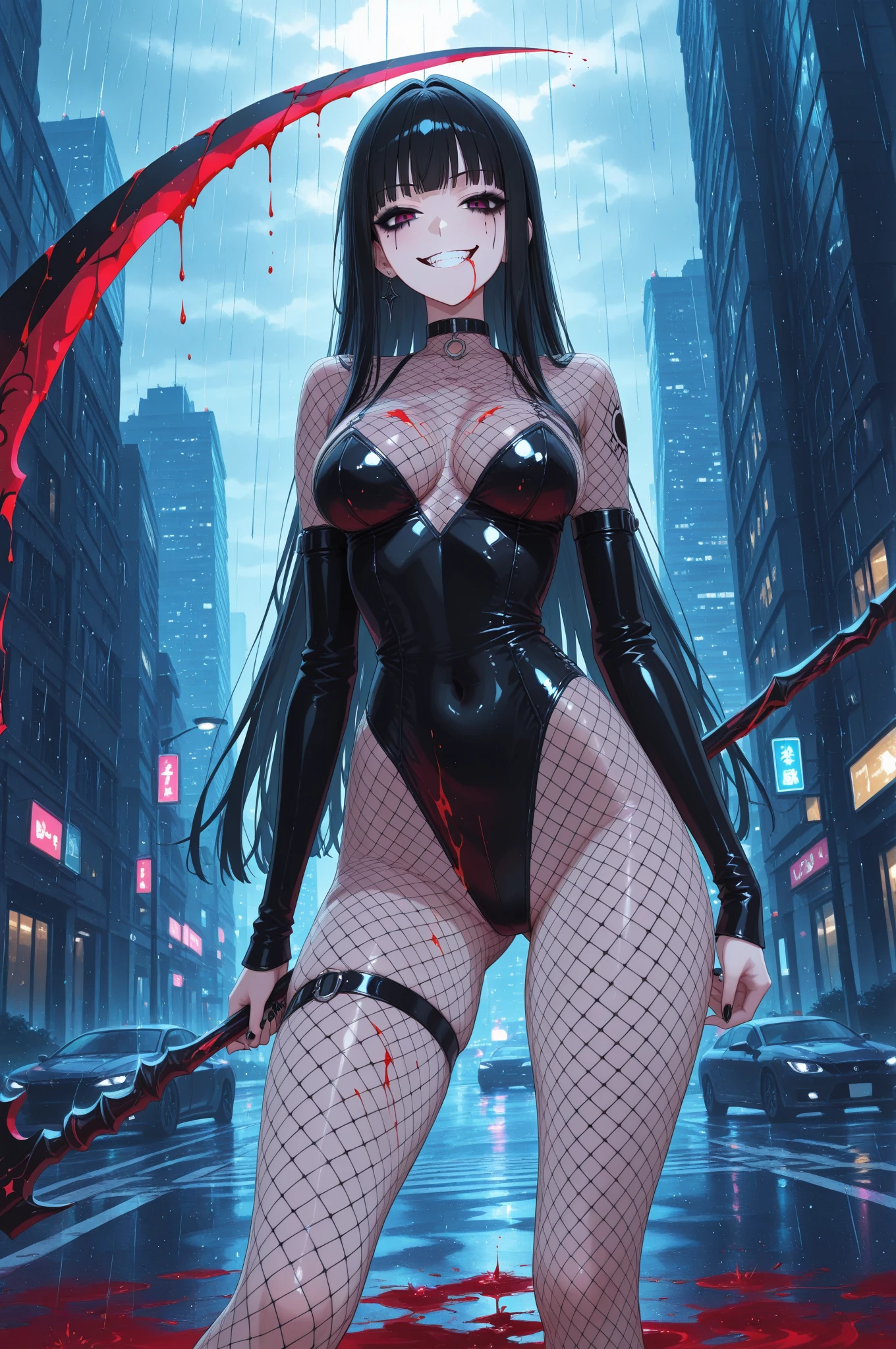 Kuchisake-onna Super Extra large breasts breast enlargement, red coat, long hair, red eyes, black garter stockings, black bikini, full-body shot, looking at the camera, standing alone in the rain, holding a large scissor in her right hand, lips split, stitches, smiling, blushing, shy