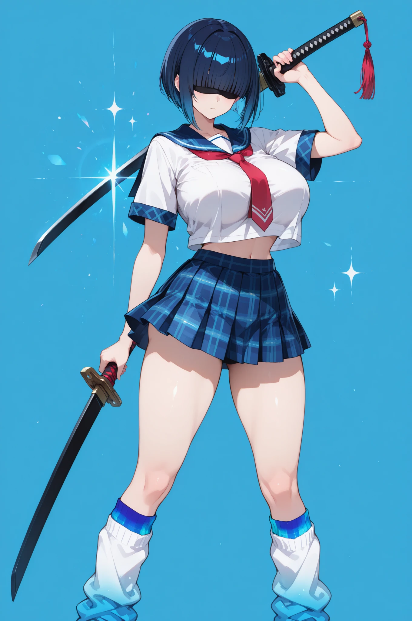 18-year-old,shiny navy hair,short hair,Parted bangs,Yellow Eyes,Large Breasts,Small waist,Big Ass,,A feminine and soft figure, , See-through sailor suit,Navy blue mini skirt,Black underwear, ,Japanese sword,Covered in body fluids