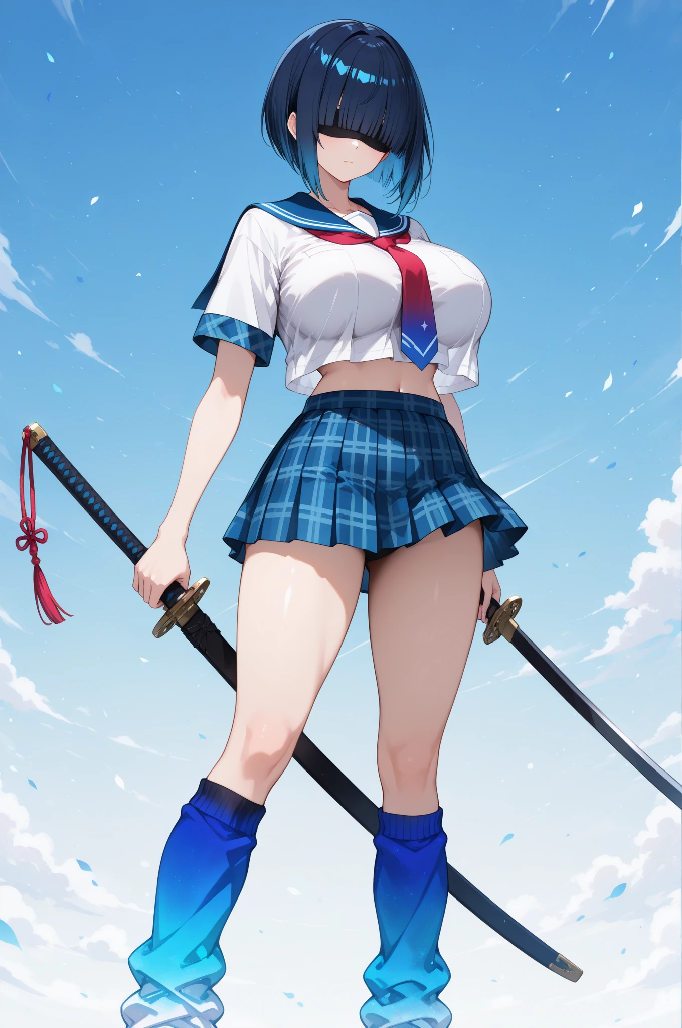 18-year-old,shiny navy hair,short hair,Parted bangs,Yellow Eyes,Large Breasts,Small waist,Big Ass,,A feminine and soft figure,Faintly visible abdominal muscles, , See-through sailor suit,Navy blue mini skirt,Black underwear, ,Japanese sword,Covered in body fluids