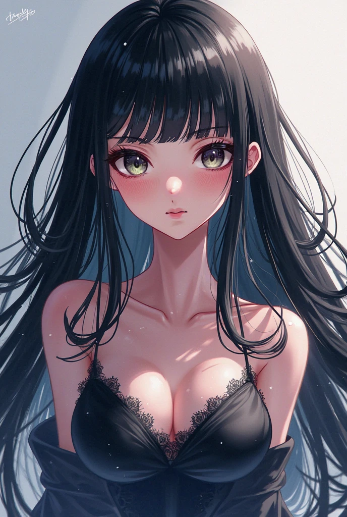 detailed, (masterpiece:1.2), (pale_skin:1.2), (alone:1.2), (woman), thin, (Shine_eye), Long Hair, bangs, Black Hair, Outdoor, No sleeve, black eye,、eyeの間の毛、Naughty look、mocking expression、eyeが光る