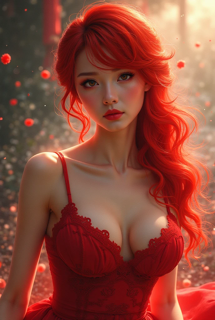 (best quality, realistic, ultra-detailed), a beautiful woman, large breasts, looking up, hair blowing in the wind, and red rose petals falling. perfect makeup, detailed eyes, and lips, long flowing pink hair and blue eyes, graceful pose, vibrant colors, soft lighting, romantic atmosphere, elegant and confident expression, delicate features, flowing dress, natural surroundings, dreamy ambiance. canon eos r3, 20 megapixels