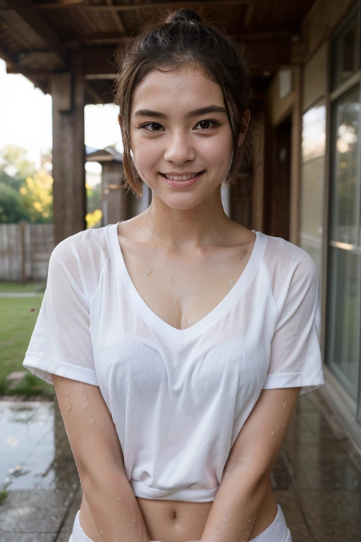 masterpiece、super 高い quality、crystal clear、RAW UHD format、nsfw、Photo of a beautiful 17 year old girl、（(トレーニングで鍛えたbeautiful body、sports girl)）、healthy beautiful girl、droopy eyes、高い resolution shiny eyes、(((perfect anatomy)))、(Gravure photography)、crystal clear、clear、shallow depth of field、cute face、blurred background、Small pores in the skin、oily skin、complicated eyes、fine skin、(((thin eyebrows)))、(side parted hair、short hair、messy hair)、(((no makeup)))、(((sweaty skin)))、高い school girl、cute smile、special smile、((((very small breasts、very small areola、small nipples))))、((((very small breasts、areola is also small、very small nipples、beautiful body))))、(((wearing training clothes、Jersey)))、(Small red lace panties)、old farmhouse、dim room、agricultural equipment shed、、ancient folk house、Tatami floor、old farmhouse、agricultural equipment shed、(((wet body)))、necklace、earrings、