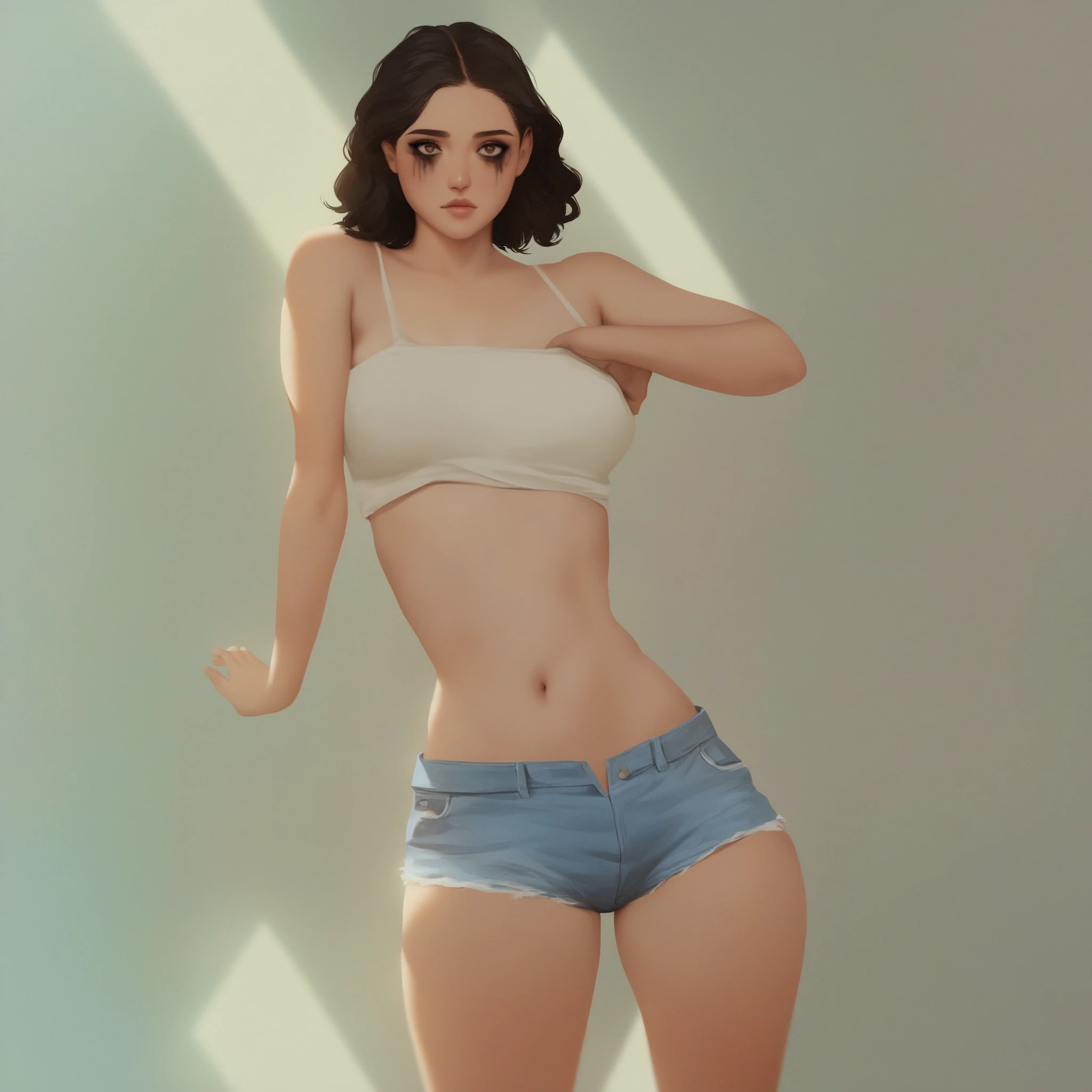 ((((master part, best quality, high resolution)))), 8K extremamente detalhado, Menina bonita com corpo esguio, (Ultra HD |, ultra-detalhado, altamente detalhado, altamente realista, ultra-realistic, fotografia realista), (1girl:1.5), (Cabelo branco realista), Cabelos curtos ondulados, corte de bob, (dinamic poses), Facing the camera squarely, Sorriso leve, Purple eyes, mediuml breasts, (Rosto bonito e detalhado, belos olhos detalhados), (Tampo branco do tanque, material fino), clivagem, dark denim shorts, brilhar, suar, (raio de sol, sunlight)