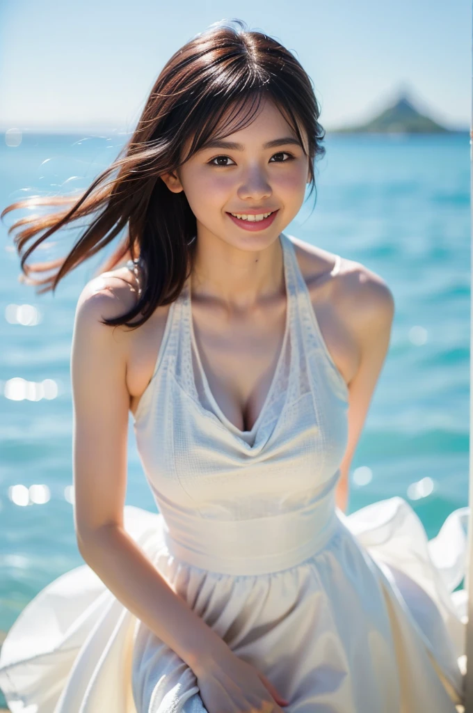 Japanese female, a lot of details, (underweight), detailed black hair, beautiful detailed hair, super fucking beautiful, delicate beautiful face, complex details beautiful and delicate eyes, perfect hands, (flat chest best quality:1.5), perfect and delicate limbs, detailed skin, best quality, ultra-detailed,(cheerful grin:1.5),
(the girl walking on surface of the water:1.2), full body, legs, (hands behind back), a lot of details, flowing hair, wave at the edge of dress, (white dress shirt), There are clouds where water and sky connect, (fine water surface), high-quality mountains,