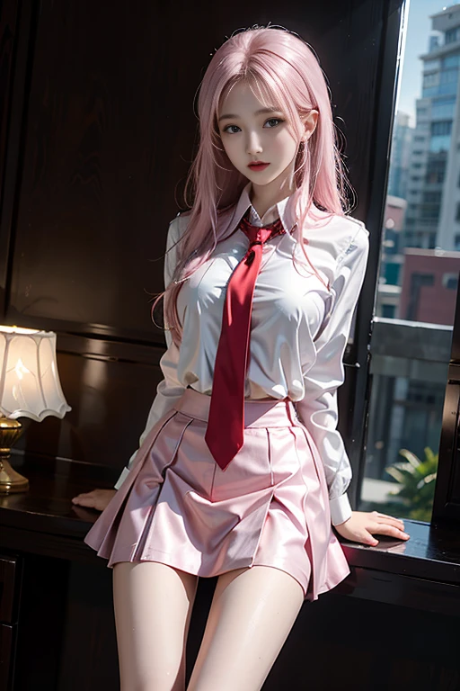 realistic, High resolution, soft light,1 female, alone, hip up, glowing skin, (detailed face),tattoo, jewelry, secretary uniform, white shirt, black skirt, black stockings, garter belt, night, pink hair, wavy hair, beautiful soldier, Eyes that invite the viewer, Spouse'perspective, attractive appearance, sexy smile, perfect style, perfect balance, fine skin, naughty look, I can see your breasts,Medium chest, ((erect nipples)), thin waist,(show off your nipples)