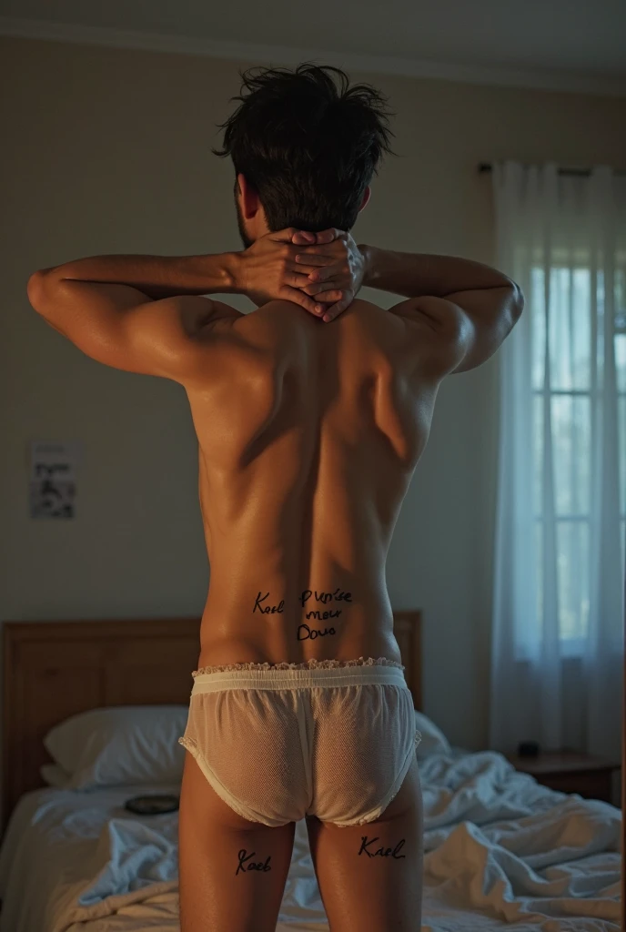 1male people,((Thin)),((being thin)),Muscular, Palatial palace,cage,strappy,White rope,White cloth curtains,(Detail light),Tattooed with,Transparent tulle,Gray-black skin,Dark gray-black skin,Full nudity on the back,Lateral face,Falling white petals , fullbody , butt facing viewer , big fat butt , rounded buttock , Watching Viewers True 4K light and shadow , (unreal engine) ,(octane render , ultra-realistic , best quality , highly detail painting , super detail , dynamic angle , super-resolution , maxiumum clarity and sharpness , hdr) , (detail face) , (((photorealistic))) , (real man) , ((realistic photo)) ,(realistic style) , (real photo) , focus , detail , best quality, high-resolution