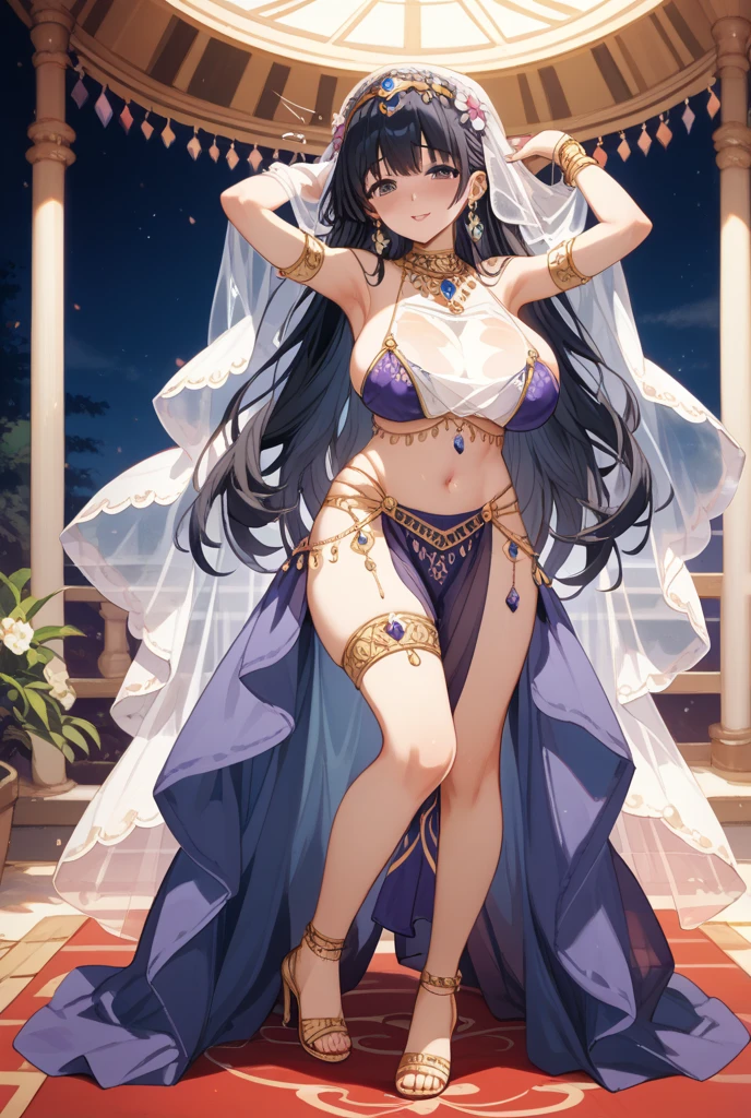 ((worst quality, low-quality)), A long black haired belly dancer girl is dancing, (Big breasts), (A long black haired:1.3), (cute pause:1.2),plump shiny lips, Beautiful clear eyes, (The best smile), Spoken Heart, (perfect hand:1.2), Purple belly dance costume, face veil, oasis, arabian nights background, masutepiece, Best Quality, ultra-detailliert,