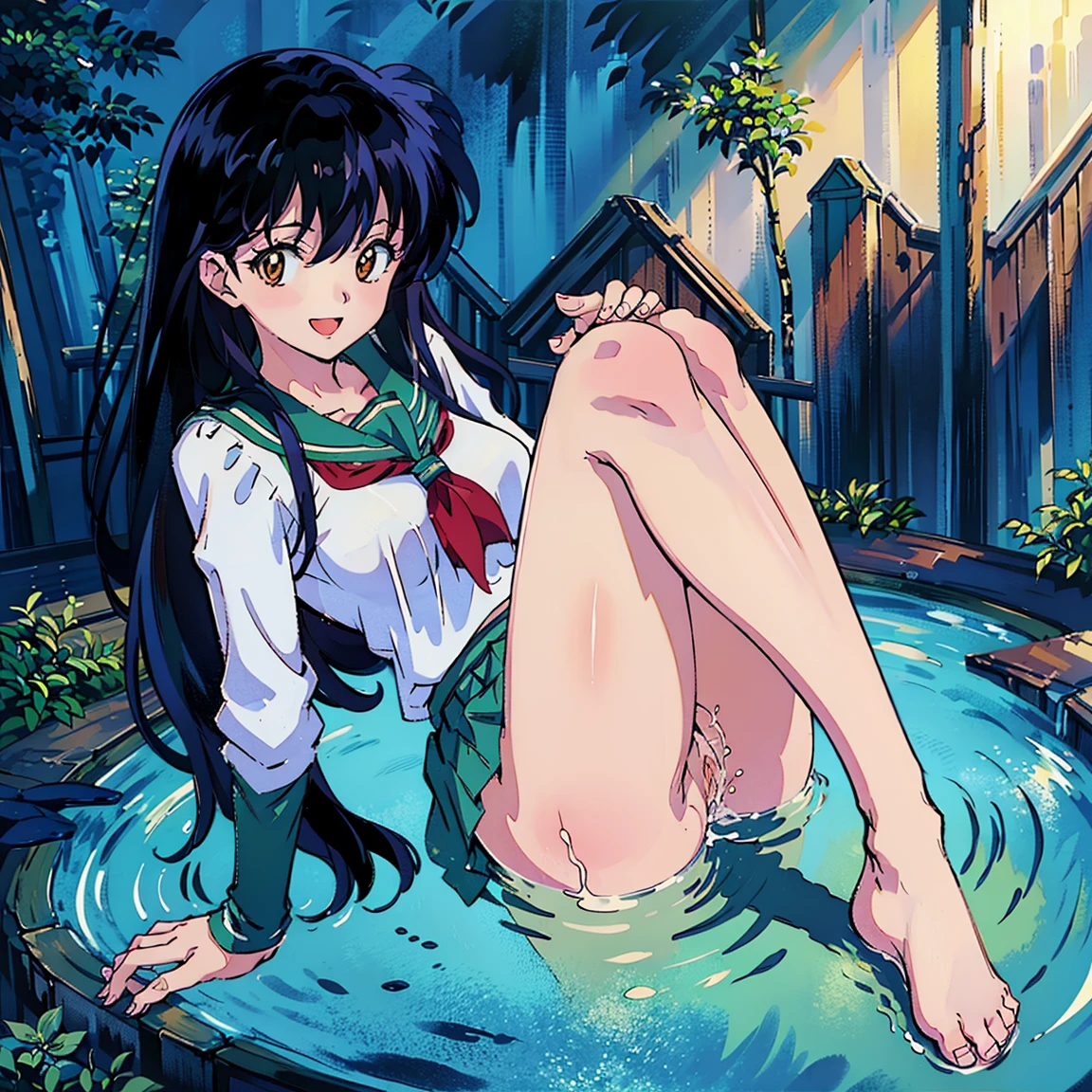 kagome, 1girl, solo, long_hair, looking_at_viewer, bangs, black_hair, brown_eyes, outdoors, necklace, tree, night, nature, covering, night_sky, pendant, hair_down, anime_coloring,,masterpiece, expensive quality, very_expensive_solve, big_file size, full color,(completely nude:1.2),pussy,niplles,vaginal sex,(Loli kid),flat chest,