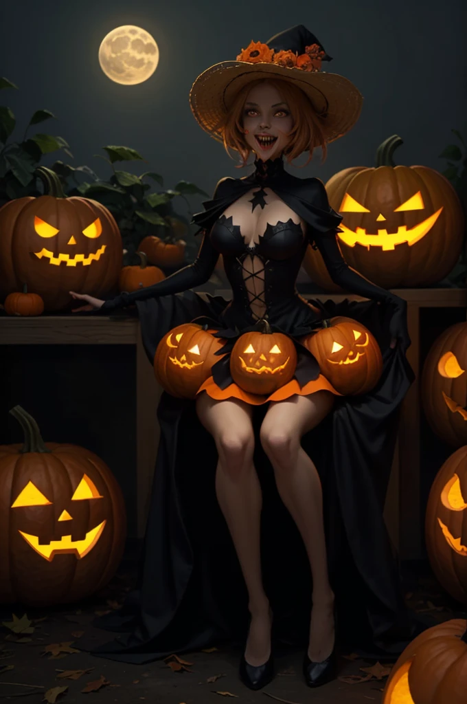Women's model, medium chest,  ((medium orange black messy hair)), corps complexe, robe d’halloween, conception de personnages complets, full body painted, ((toe)