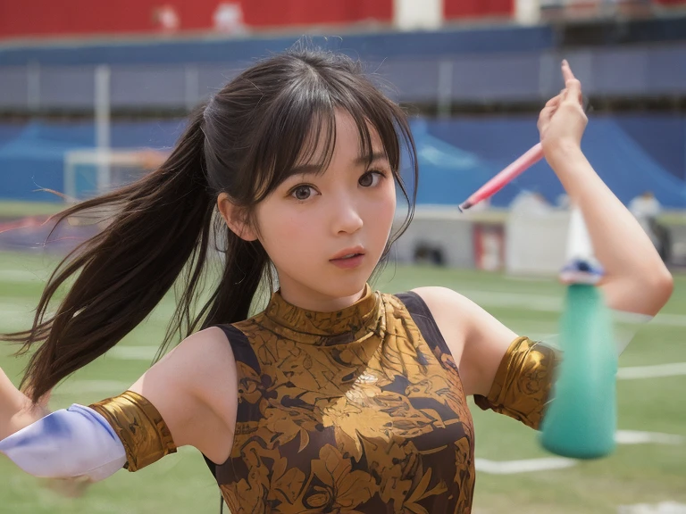 Young teenage girl rhythmic gymnastics competition, blue eyes, green eyes, dark blond hair, ponytail, dynamic, candid, ribbon dance