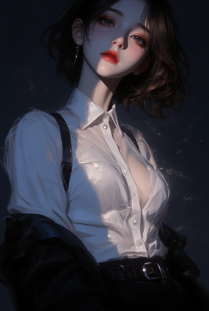 (view from back) woman Lying on stomach with hands propping up head, (shirt, tie, pants:0.5) (detailed realistic face), (((hyperdetailed))), zoomed out, symmetrical face, detailed pupil, expressive eyes, makeup, real photography, modern look, Real photography (Realisitc:1.5), han Sooyoung, tears, disbelief, crying, short hair, best quality, masterpiece, ultra-detailed, emotional, illustration, realistic tears, intense sadness, disheveled hair, streaming tears, runny mascara, tear-streaked cheeks, trembling lips, pained expression, reflection of sorrow, teardrops falling in the foreground, powerful and moving composition, capturing the rawness and vulnerability of crying, sniffling, blushing, short hair, sharp eyes, lip biting, blood on lips