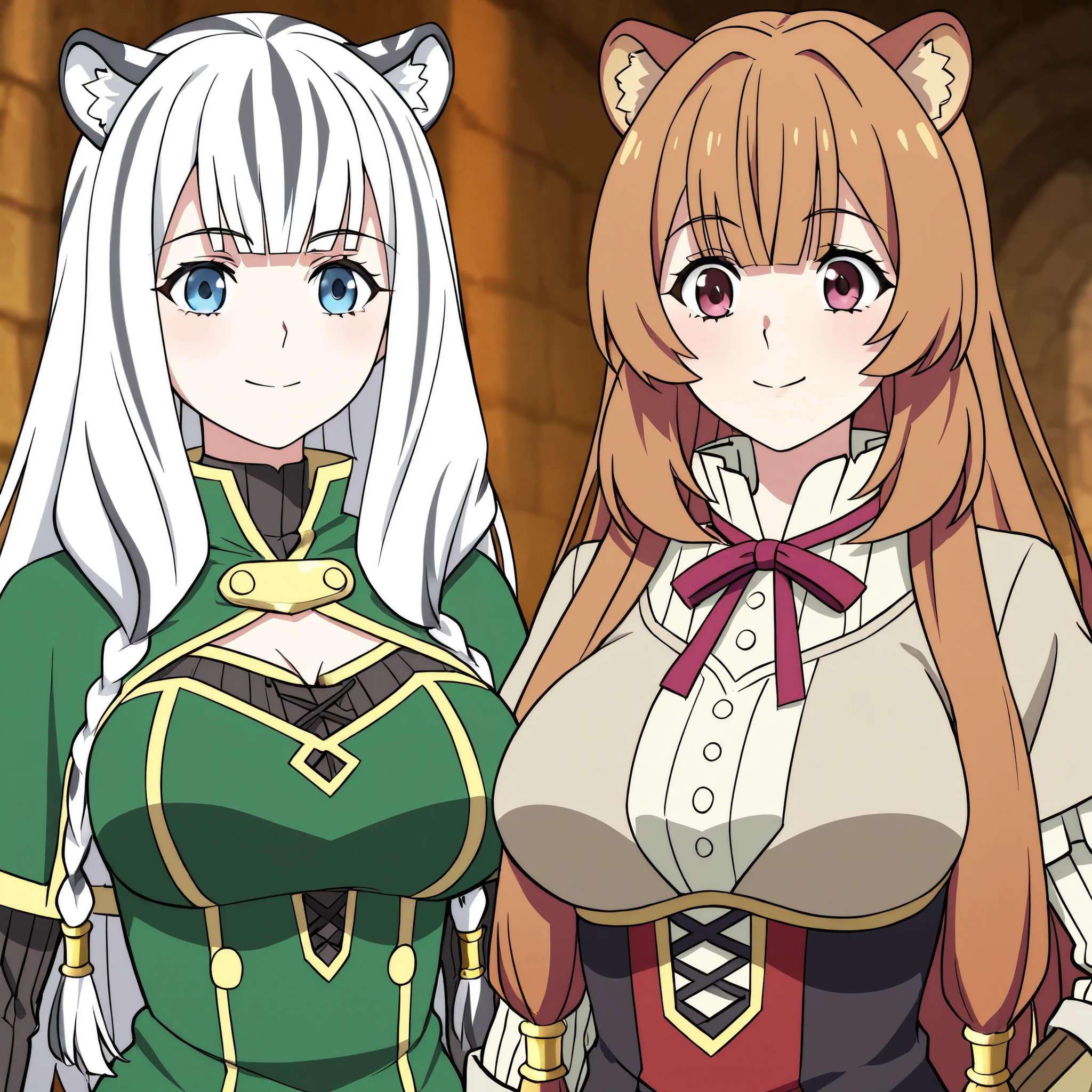 Two cheerful women in their 20s. 1. Raphtalia. Orange hair., 2. Atla from The Rising of the Shield Hero, White hair with black stripes, White tiger ears , figura curvilinea y pechos grandes, desnudas. mojadas. fondo una cascada cristalina de noche, dos mujeres. abrasadas. expresion enojo y irritación.