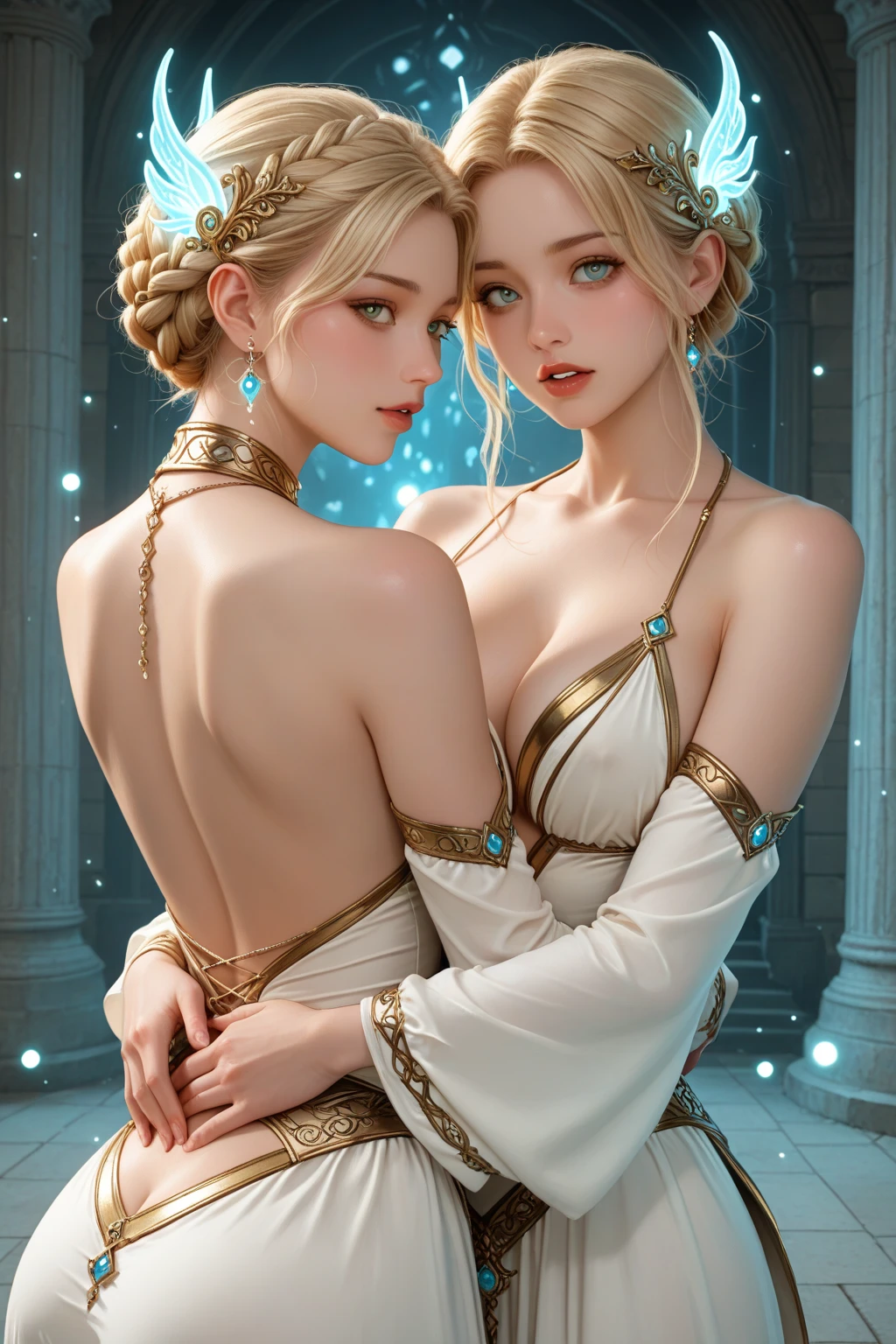 crie a imagem de duas mulheres gêmeas, appearing to be between 18 and 22 years old, that they are a couple. They have pink hair down to their chins and blue eyes.. Both have faces, perfect skin and bodies, with unparalleled beauty. They are immortal queens with various powers, located in 1000 to.c. They wear revealing clothes, adorned with lots of gold, including bracelets and other gold accessories. Show their romantic connection and chemistry."Additional details for insertion:Apparent age: 18-22 anoscabelos: pinks, up to the chinEyes: BlueFace and Skin: perfectscorpo: perfect, unparalleled beautyPosition: Immortal queensEpoca: 1000 a.c.clothes: Revealing clothesAccessories: Gold bracelets and adornmentsRelationship: casal, with a strong romantic connection
