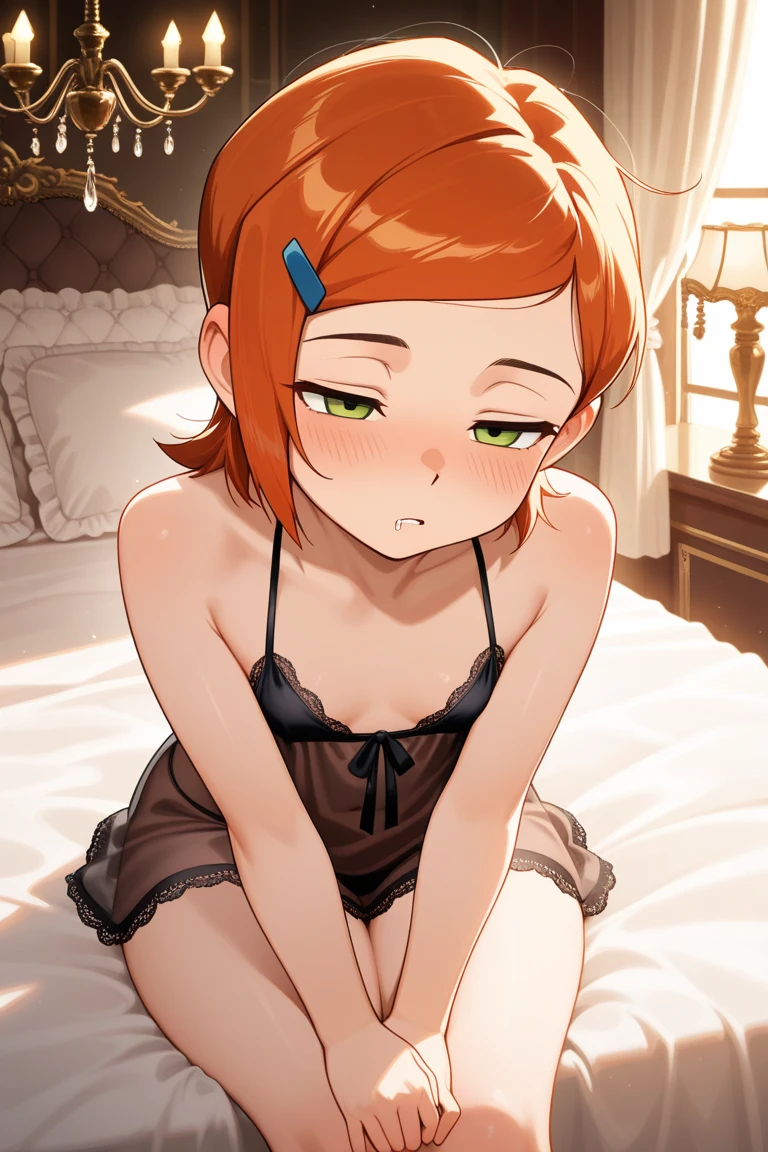 (Masterpiece), Best Quality, ultra-detailed, 1girl (claasicgwen,solo,orange hair,short hair,green eyes, half-closed eyes), a come-hither face, parted lips, nose blush, blush, solo, naked body, see-through nightgown, cleavage, in the bedroom, night time, standing, Sexy waist teasing, come-on