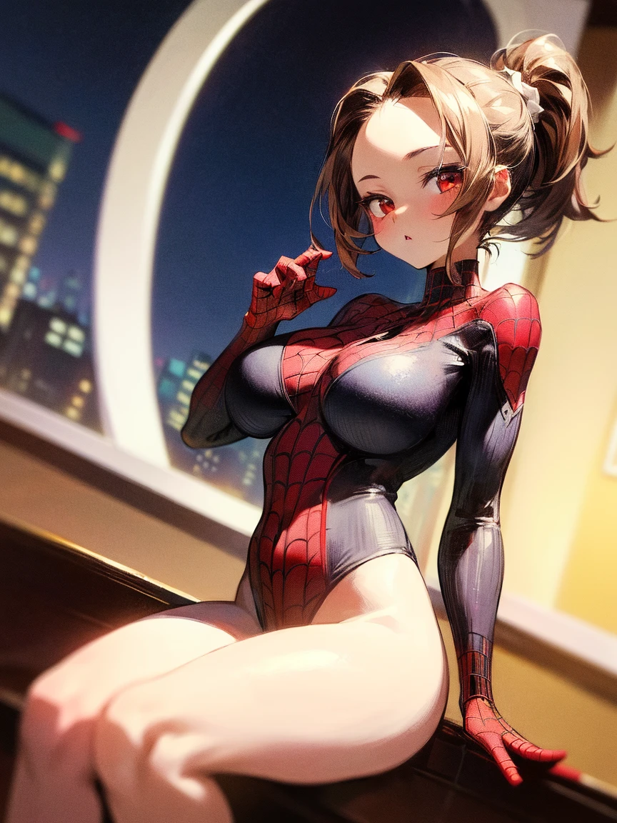 8k, masterpiece, female spiderman, squatting, armpit, super beautiful, seductive , perfect body, medium large breast, opened mouth, caring smile, heart shaped pupils, shortcut, bob, bang style, blonde hair