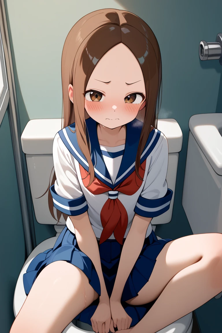 ((high quality, 8k, 4K, High Contrast, masterpiece:1.2, highest quality, Best aesthetics)),nsfw,((pov penis,urination:1.5、scat:1.5,A woman treated like a toilet、Having urine poured on her face:1.5、Wet with urine:1.5)),1 female,((beautiful and cute woman,in perspective,beautiful detailed face and eyes,gorgeous eyes)),The perfect 18 year old, Japanese、Brown Hair、Straight hair,long hair,blunt bangs,oily skin,A look of despair、tears,open mouth,drooling,small breasts, ideal ratio body proportions:1.3、、Short-sleeved sailor suit、blue neckerchief、Pleated navy blue mini skirt,Sit on the toilet、Clean toilets at school、indoor,Japanese School,(Textures and environments、Professional photos、Perfect lighting).