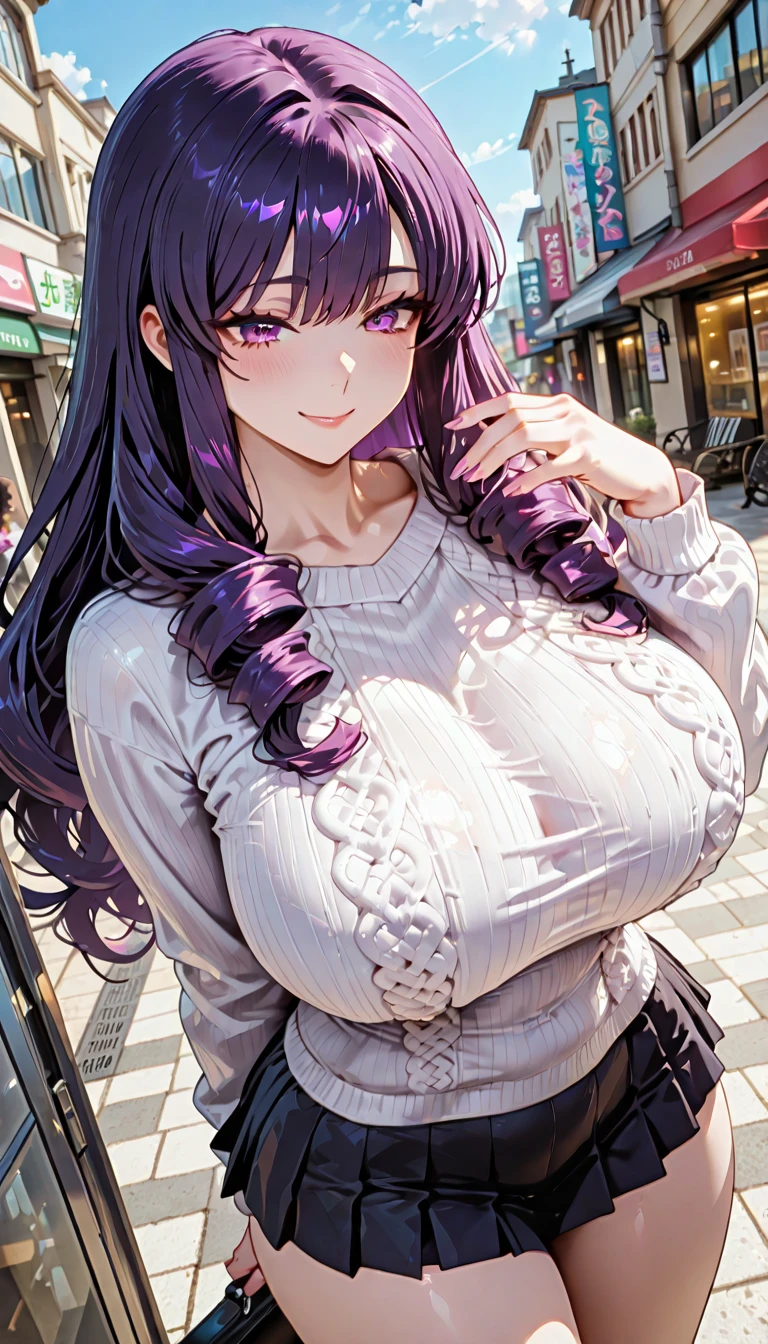 (masterpiece:1.37), best quality, (extremely detailed:1.37), woman, (very long hair:1.5), dark purple hair, purple eyes, (extremely detailed eyes:1.37), (wetting self:1.75), large breasts, stylish jacket, multicolored jackt, jeans, cleavage, navel, city, high-tech, street