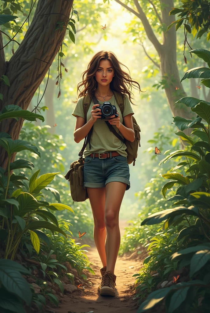 extremely beautiful girl, subtle makeup, photorealistic, high contrast, 8k HD, detailed, hyper-detailed, realistic skin texture, long dark hair, big chest best quality, ultra high res, raw photo, dramatic lighting, outdoor, forest, standing, a beautiful cinematic masterpiece portrait of Tirkish black hair's young women as lara croft from tomb raider, covered in dirt, treasure hunter, ((normal basic teeshirt, full length black tee-shirt, tight jeans)), with a complex jungle background with ancient jungle ruins, by gil elvgren, by frank frazetta, by greg rutkowski, trending on artstation, featured on pixiv, hyper detailed, beautiful studio lights, intricate elegant digital painting, cinematic composition, dramatic pose, smooth, sharp focus, (((professional photography))),dappled light, romantic, HDR, highly detailed, hasselblad, 8k, hyper realistic, eye level shot, f1.4 aperture, 8mm film grain, cinestill 800, full body Teeshirt, adventures girl carrying DSLR camera in hand, with small bagpack, some parrots on tree's