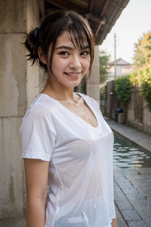 Middle aged woman wet in rain,Photorealsitic, tissue, 35㎜ film,((A MILF_femele:1.２)), 1 Japan Woman, Beautie, 45 yers old,Wrinkles at the corners of the eyes, slender,、(Lora Tank Top Skin Tight 320:1.5 ),(Hem cut-off tank top),((nude_white tank tops)),((Laura Wet T-Shirt:1.5 )),(Best Quality, Photorealistic:1.2),girl with,(Breast Focus:1.1), (lare breasts:1.2), (standing nipple:1.0),((top-quality、8K分辨率、Master masterpiece、Portrait:1.3)), (((Cowboy Shot))),（hair slicked back）,((Rain-soaked hair:1.5))、（Rain-soaked and disheveled hair）（Wet and gooey hair）（Hair dripping with water）、((Wet whole body:1.2))、 Seductive smile、naughty expression、Heavy breathing,(realisitic:1.7),(On the streets of the city wet after the rain_outdoor shooting),during daytime,blue-sky