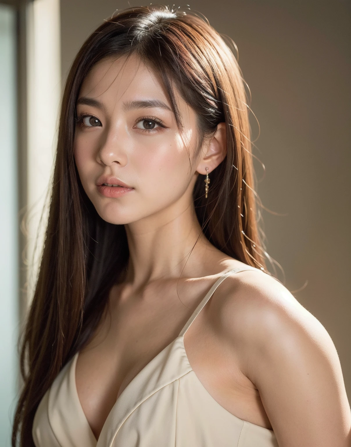 ((Photo-realistic:1.4)), (((NSFW:1.4))), (8k, RAW photo, Best quality, Photorealism, masterpiece:1.2), Ultra high resolution, Professional photograph, ((1Woman:1.4)), (((Full body:1.2))), Detailed Face, Beautiful fine face, Unparalleled beauty, ((Japanese mature)), Woman in her 40s, Dark brown hair, Voluptuous bust, Beautiful breasts, Large ass, Voluptuous body, ((Topless, Erect nipples, Off-white Panty, Sexy panty, Small panty, Cameltoe)), ((Inside the office, Standing pose, Sensual pose, Half smile)), ((Natural light lighting)), ((No text))
