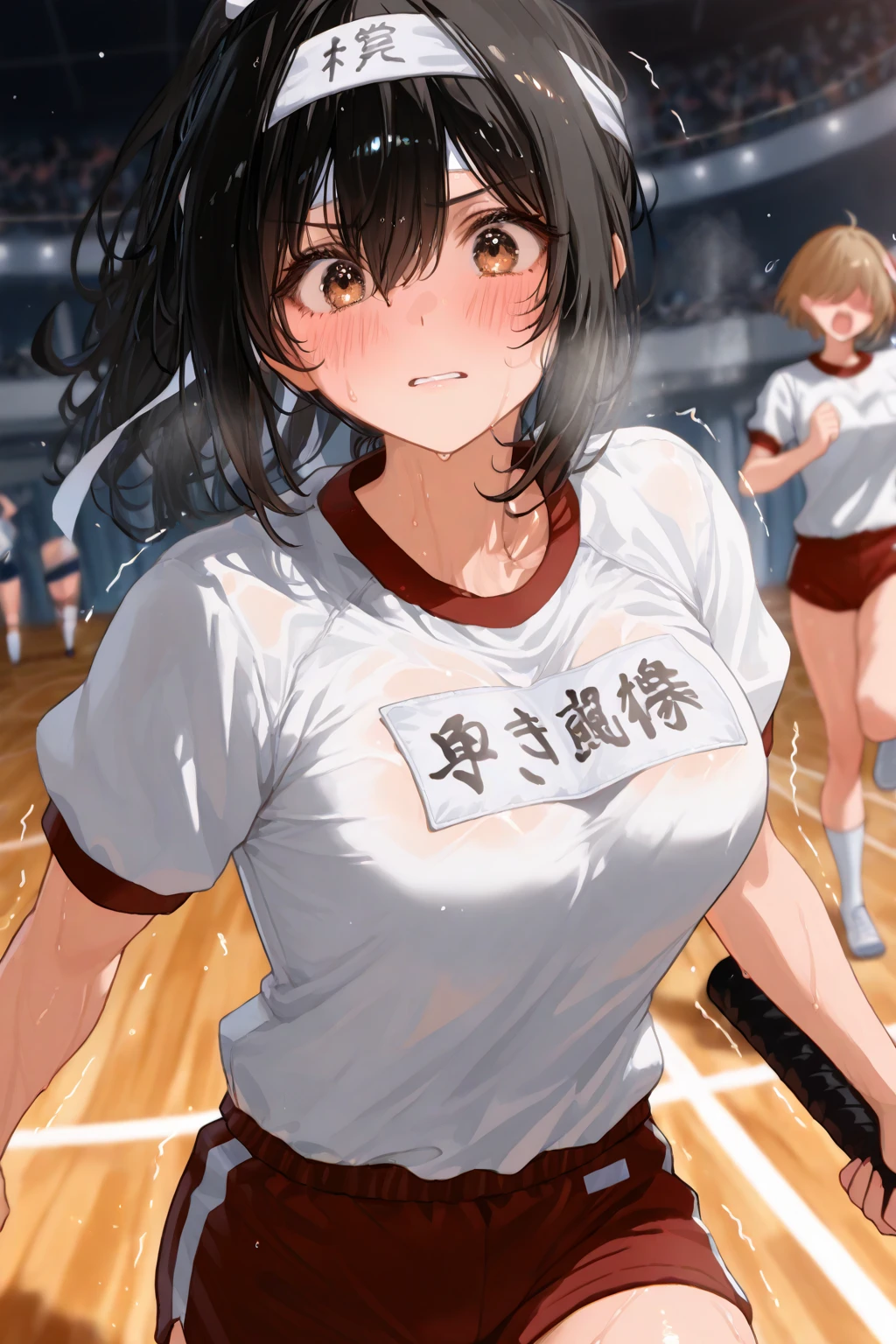 (Superflat, Flat Shading, flat-colors:1.1)、(Magazine Cover)、Illustrations、(One Asian boyish girl)、(cute little:1.2)、very beautiful 20 year old cartoon girl、Great smile、cheeks are reddened、(High Detail Skin: 1.2)、photorealistic anime girl render、realistic anime 3 d style、cute littleボブカット、Twin-tailed、beautiful brown hair、Intense black eyes、Strong highlights of the eyes、((Naked and oiled、accurate big breasts、sport underwear))、Perfect Anatomy、Great big breasts、hair messy、Pretty underwear、((Tight white tennis uniform with navel、Supple and thin fabric))、((White miniskirt with flared hem))、Sportswear、sneakers、(support)、stadio、Volumetric lighting、Soft light、Vibrant colors、watercolor paiting、