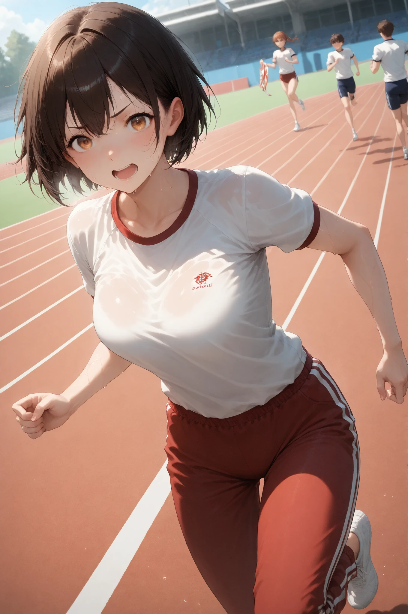 ((masterpiece,Highest quality:1.3,best quality illustration)),((realistic:1.2)),cowboy shot,独奏,1woman,18 year old beauty、black hair,short bob hair,(center parted bangs),black eyes,(gorgeous big eyes),((very small head:1.4)),blush,Heavy breathing,((slender body:1.2,skinny)),(tan skin:1.4),small breasts,(White tank top、school gym red buruma),White sports socks、White sneakers、gleaming skin,oily skin,slender body,sweat,Run、Athletics Stadium、Tokyo、