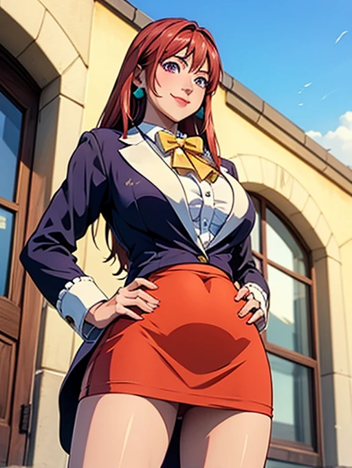 masterpiece, best quality, <lora:lorelei-nvwls-v1-000009:0.9> animeLorelei, purple hair, blue eyes, hair between eyes, glasses, blue jacket, red shirt, cleavage, belt, pencil skirt, large breasts, sitting, high heels, throne, ice rink, ice, from below, grin