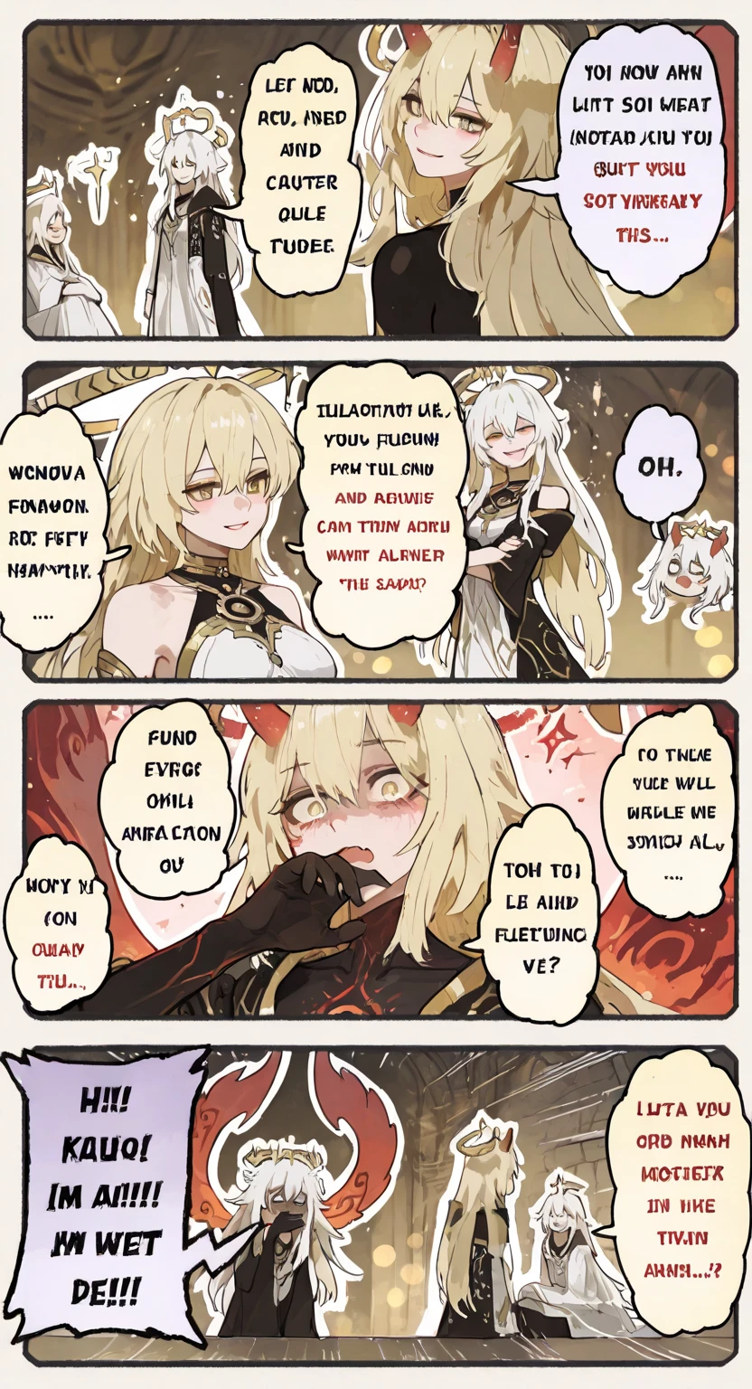 6-panel comic of a succubus seducing a knight, 6 panels, comic