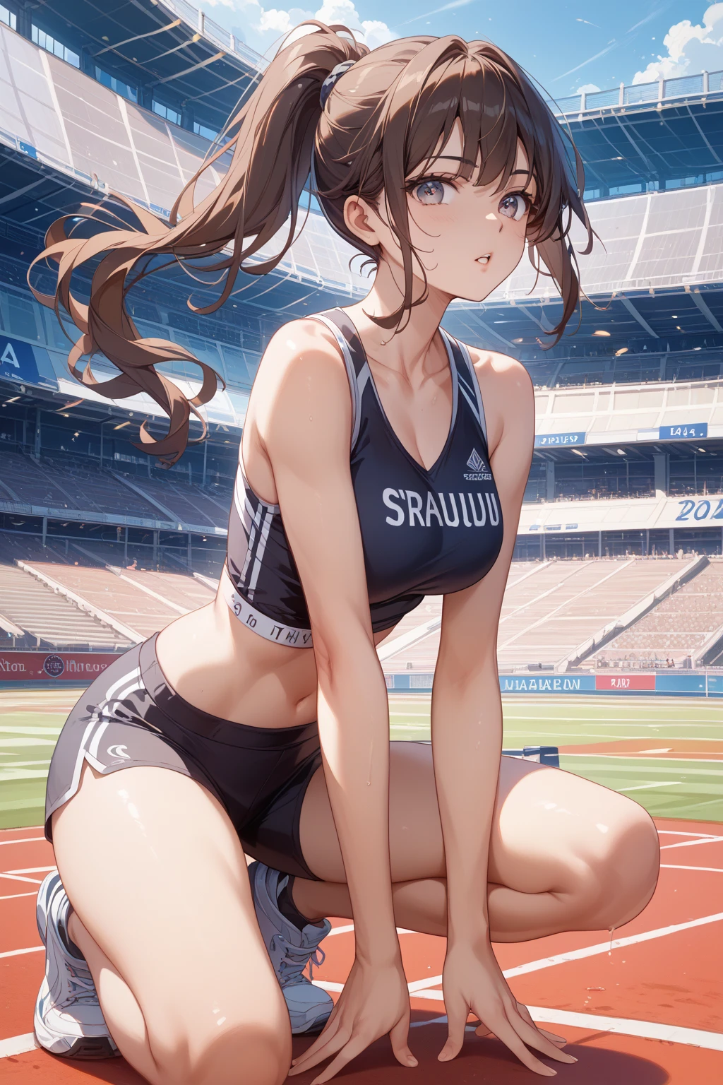 RAW Photos, Highest quality, High resolution, Very detailed、 8K image quality、、Gym suit、Bloomers、playground、Nipples are visible、Run on the track