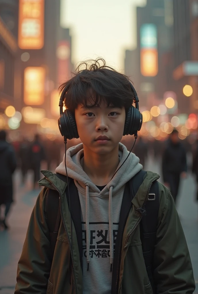 Boy listening to music on walkmans in the 80s