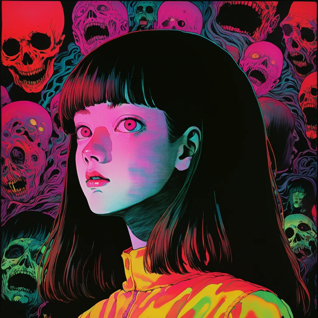 watching over us, illustration art, 70's horror movie poster, junji ito style, high detail, realistic deep shadows, analog style, chromatic aberration, surrealism, complementary gradient, vhs style, nightmare, 8mm film