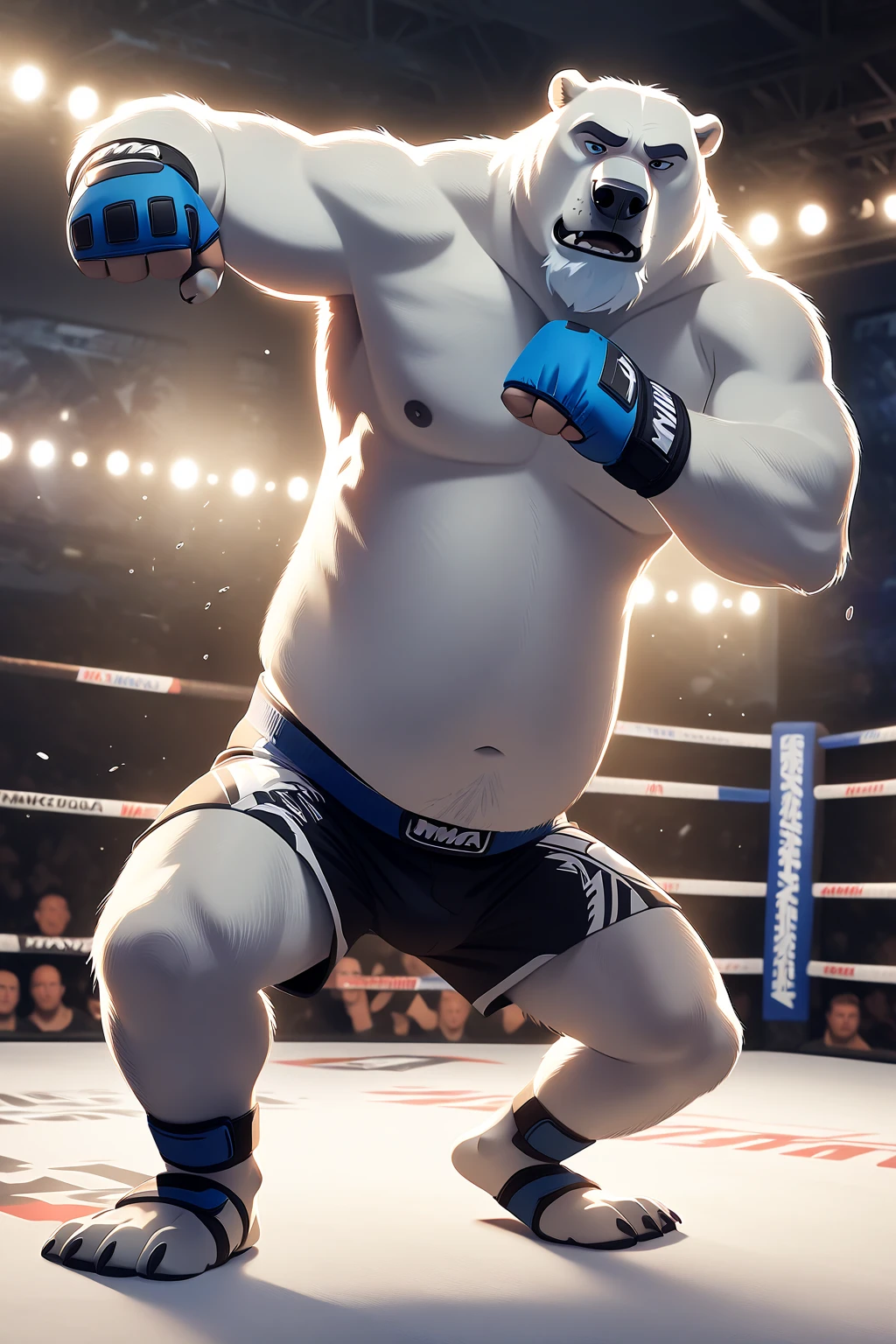 A gritty and intense cinematic illustration of a high-stakes boxing match in a dimly lit, blood-spattered ring. DC Comics' towering, hyper-detailed, and muscular King Shark, Nanaue, stands victorious, his humanoid shark form glistening with sweat and covered in the remains of the grueling fight. His prominent belly, wide muscular arms, and sharp teeth are highlighted by the harsh light of the ring. The background is a chaotic scene, with debris from the battle scattered around the ring, and the air filled with the heavy breathing of King Shark. His fierce and formidable fighter personality is palpable in this triumphant moment., cinematic, photo