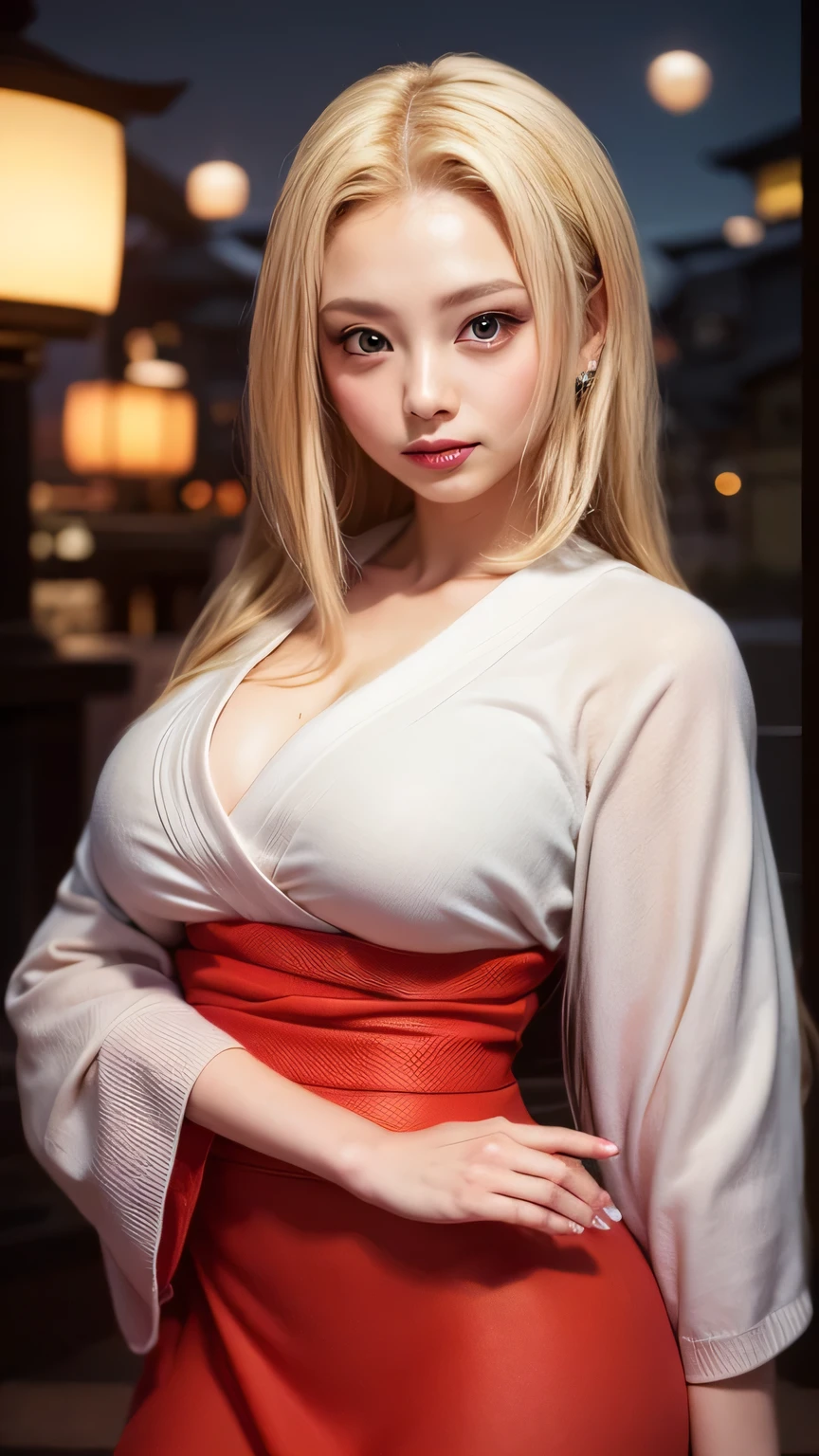 Owl, beautiful girl, blonde hair, big breasts, wearing a bare-chested kimono, sexy post,by tree.