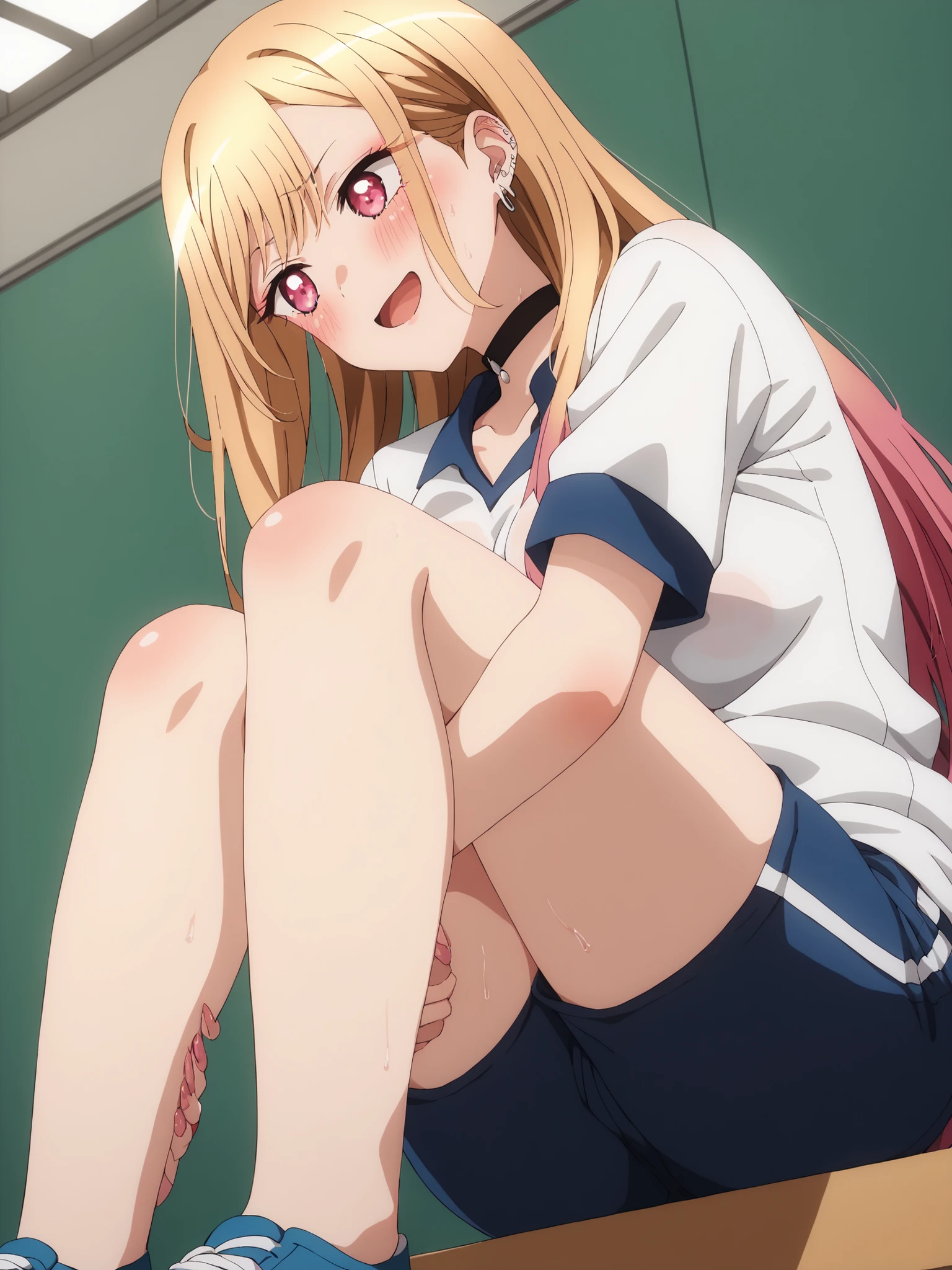 nsfw,1girl,1 person、toloverumy, my, Yellow Hair, Long Hair, Red eyes,
break school uniform, shirt, white shirt, bow, green bow, sweater, light brown sweater vest, Short sleeve,
break indoors, classroom,Sit on a chair、Spread your legs、
break looking at viewer, Cowboy Shot,((White panties))、Panty shot、bottomless,(,arms behind back,)、(pussy cameltoe:1.0)
break (masterpiece:1.2), Highest quality, High resolution, (figure:0.8),