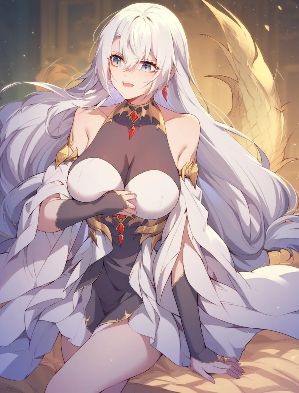 1girl, bright, silver-white hair, long hair,, red eyes, autumn leaf motif, multicolored hair, saleme, head mask, side lights, light particles, wallpaper, big, plump, idol, swimsuit, loose, fluffy, quiet, smile, gentle, clear, sexy