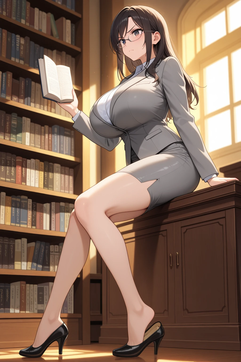 A lovely 35-year-old woman wearing a business suit and tight skirt is sitting on a horizontal wooden bench at the station, reading a book, with her legs crossed, full body (NSFW breasts), hdri, extremely ?????, nude, nua, pelada, nsfw, gigantic breast 1.9