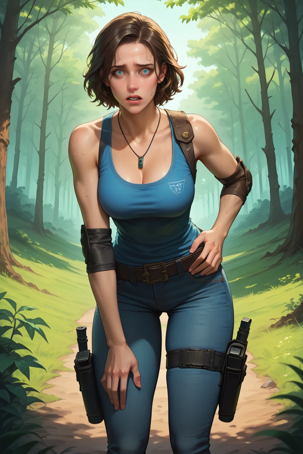 1woman, jill valentine, cleavage, in a rainforest, hands holding own hips, seductive smirk, medium breasts, storm from x-men costume