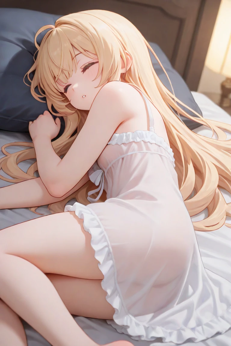masterpiece, (highest quality), alone, (young woman), solo, blonde long straight hair, big, dog ears, (golden eyes), (pajamas with green and white stripes), barefoot, (red cheeks), very sweaty, (sleeping on its side), ((very dark)), (midnight room))), on bed, figure with only upper body, image from the side, face on pillow