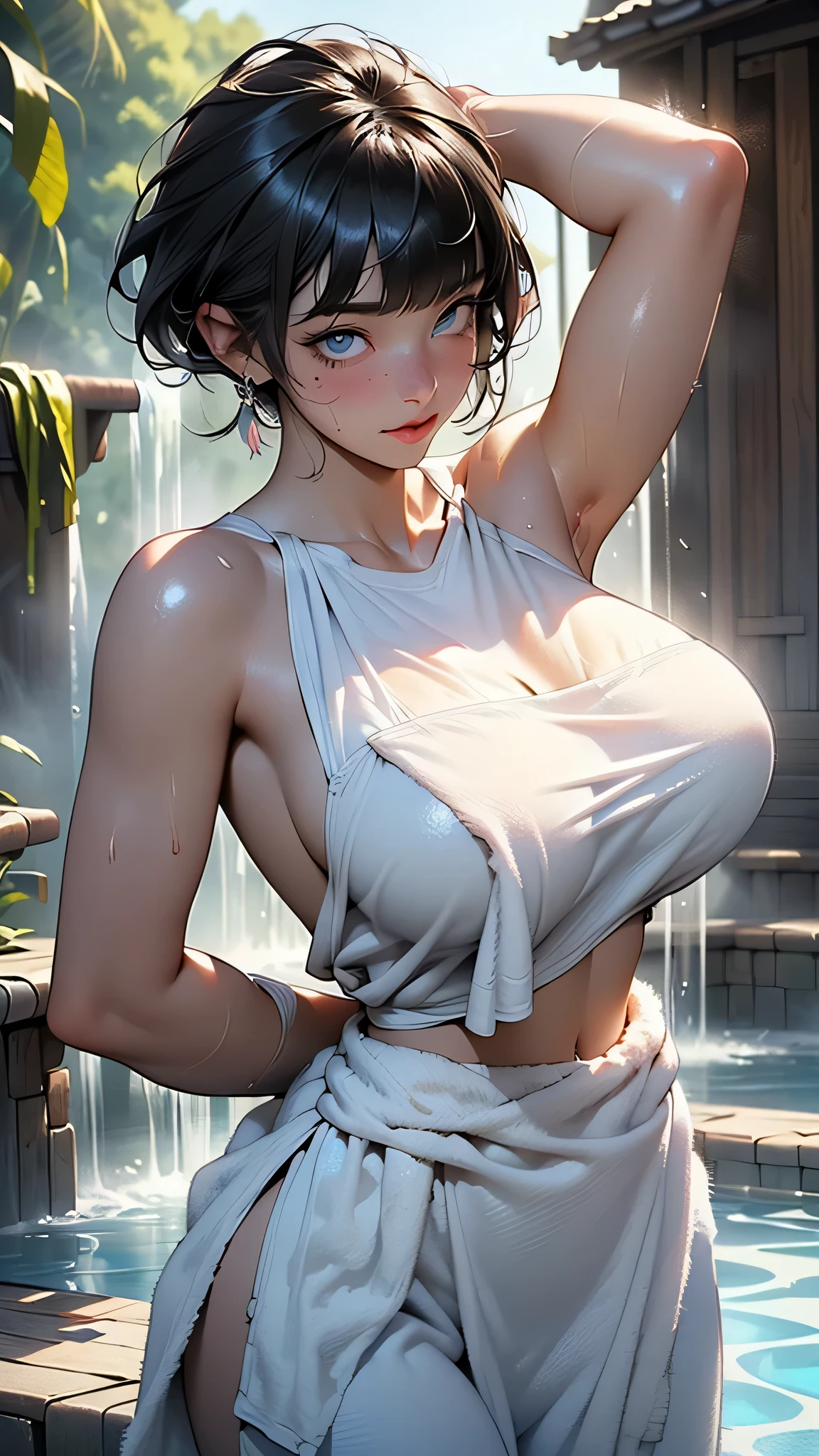 Use the posture and measurements and clothes of the person in the picture to create an animated version of boa hancock in the manga one piece, wet between the legs, camel toe, squithing