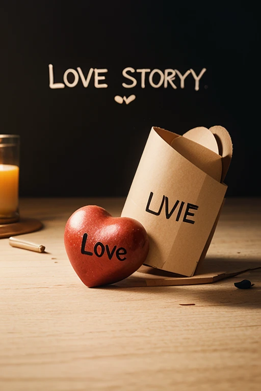 A logo that says "Blind Love" set in a heart-shaped frame made of dark wood. The heart-shaped frame is hanging on a wall in a cozy living room with a fireplace and a comfortable couch. There is a vase of flowers on a nearby table.