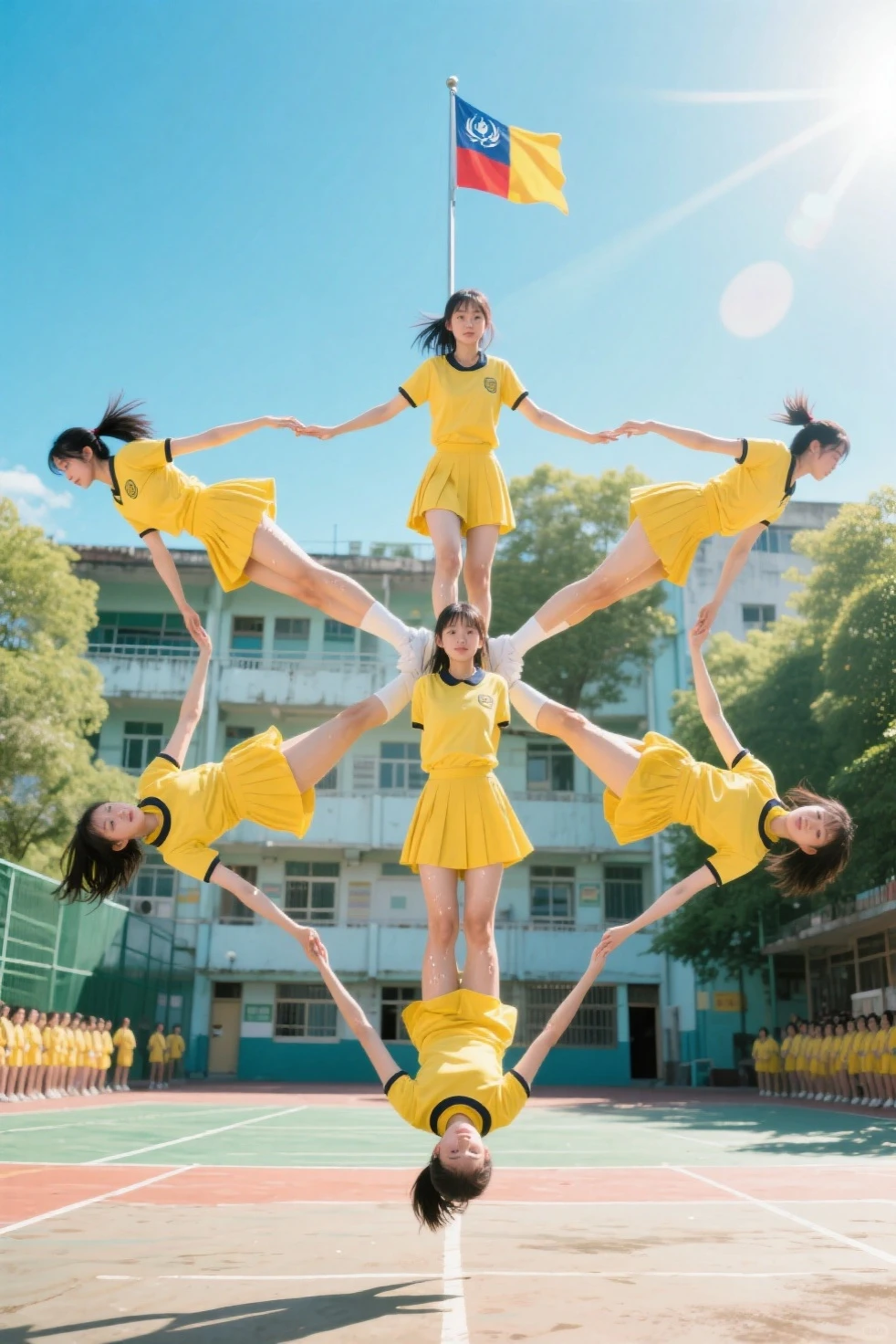 Cheerleaders surrounded by ropes，Legs hanging overhead  