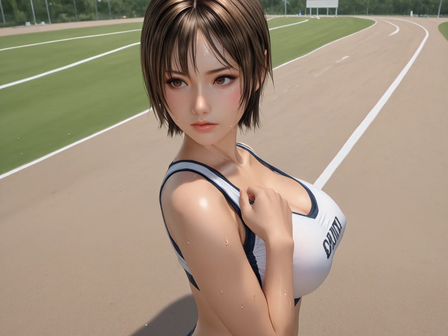 (masterpiece,Highest quality:1.3,best quality illustration),realistic,cowboy shot,1woman,20 year old Japanese beauty,very small head,(short bob brown hair),bangs,brown eyes,gorgeous eyes,blush,Heavy breathing,medium breasts,((very long body:1.3)),(toned body,slender body,skinny:1.5,White sports bra、navel、White sports shorts),gleaming skin,shiny skin,oily skin,(sweat:1.5),Run,Arena、Tokyo、