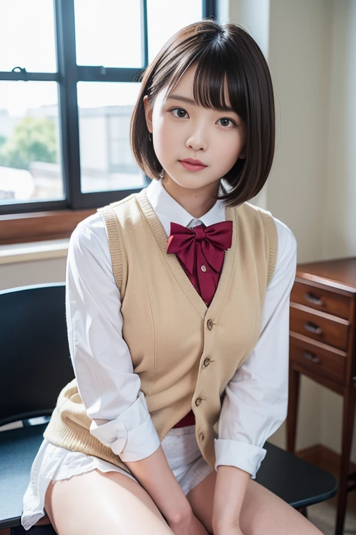 (masterpiece:1.2, Highest quality), (Realistic, photoRealistic:1.4), Beautiful illustrations, (Natural Side Lighting, Cinema Lighting), Written boundary depth, Looking at the audience, Front view, 1 girl, English, kimono, 20-year-old, Perfect Face, Symmetrical cute face, Glowing Skin, Leg spread, (Bob Hair:1.7,blonde), Asymmetrical bangs, Big eyes, Droopy eyes, long eyelashes chest), thin, Beautiful Hair, Beautiful Face, Beautiful and beautiful eyes, Beautiful clavicle, Beautiful body, Beautiful breasts, Beautiful thighs, Beautiful legs, Beautiful fingers, ((Quality fabric texture, Brown knitted vest, Short sleeve white collar shirt, Navy Pleated Skirt, Navy bow tie)), (Beautiful views), evening, (Inside the flower shop), Are standing, (smile, Superior, Open your mouth), (((Skirt Lift, White panties, Genitals are visible))), Full Body Shot, Dark blue socks, Sexy Face,